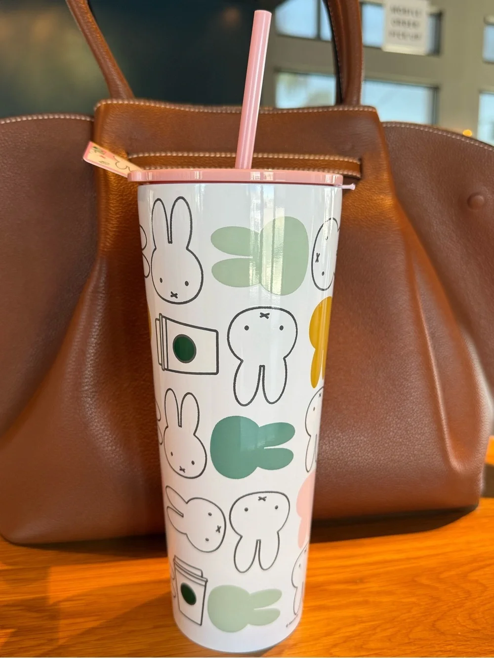 miffy Starbucks White Tumbler with Pink Lid and Pastel Bunny Pattern